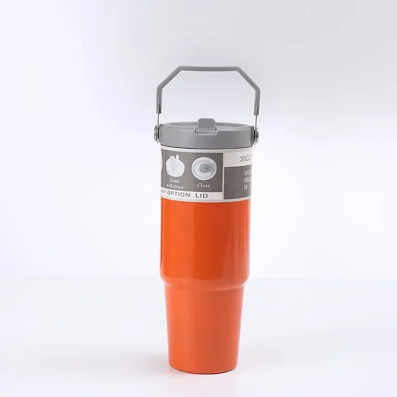 30oz Large Capacity Portable Car Cup Stainless Steel Thermos Cup with Straw & Handle Travel Sports Water / Juice / Drink Bottle Vacuum Flask