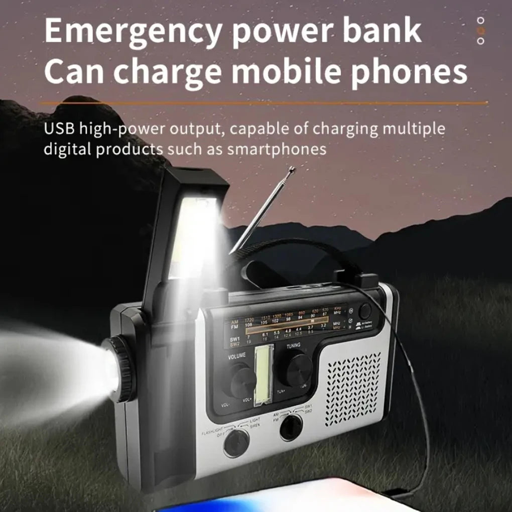 Portable Emergency Solar Power Radio Hand Crank Charging Radio AM FM SW1 SW2 Multi-band Radio with Flashlight Phone Power Bank