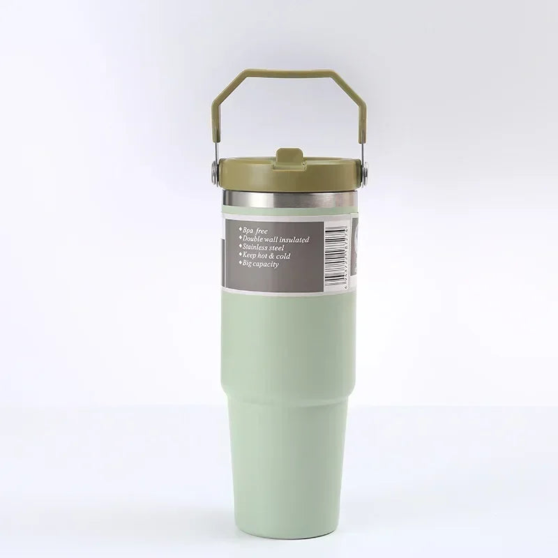 30oz Large Capacity Portable Car Cup Stainless Steel Thermos Cup with Straw & Handle Travel Sports Water / Juice / Drink Bottle Vacuum Flask