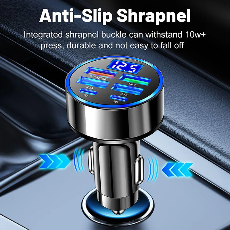 Multi-port Car Charger with digital display 100W 6-Ports USB Type-C Car Charger With Voltage Display Fast Charging Power Adapter For Android, Smart Phone, Tablet, Laptop