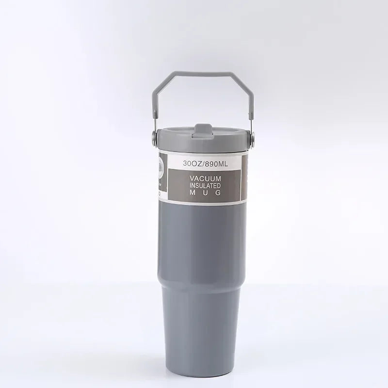 30oz Large Capacity Portable Car Cup Stainless Steel Thermos Cup with Straw & Handle Travel Sports Water / Juice / Drink Bottle Vacuum Flask