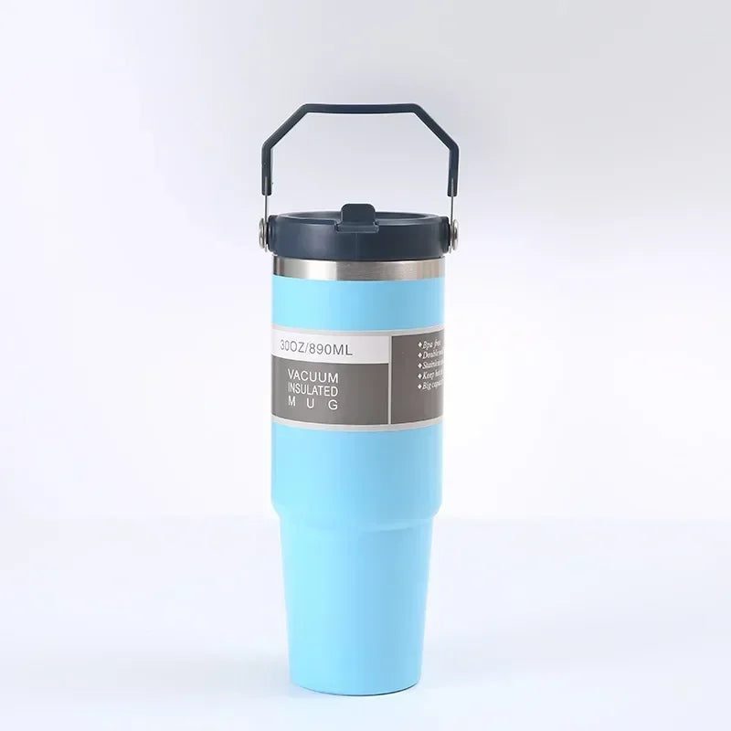 30oz Large Capacity Portable Car Cup Stainless Steel Thermos Cup with Straw & Handle Travel Sports Water / Juice / Drink Bottle Vacuum Flask