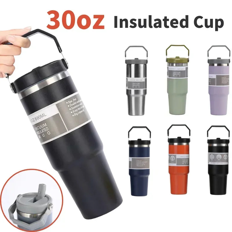 30oz Large Capacity Portable Car Cup Stainless Steel Thermos Cup with Straw & Handle Travel Sports Water / Juice / Drink Bottle Vacuum Flask