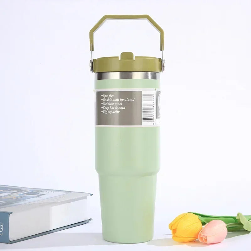 30oz Large Capacity Portable Car Cup Stainless Steel Thermos Cup with Straw & Handle Travel Sports Water / Juice / Drink Bottle Vacuum Flask