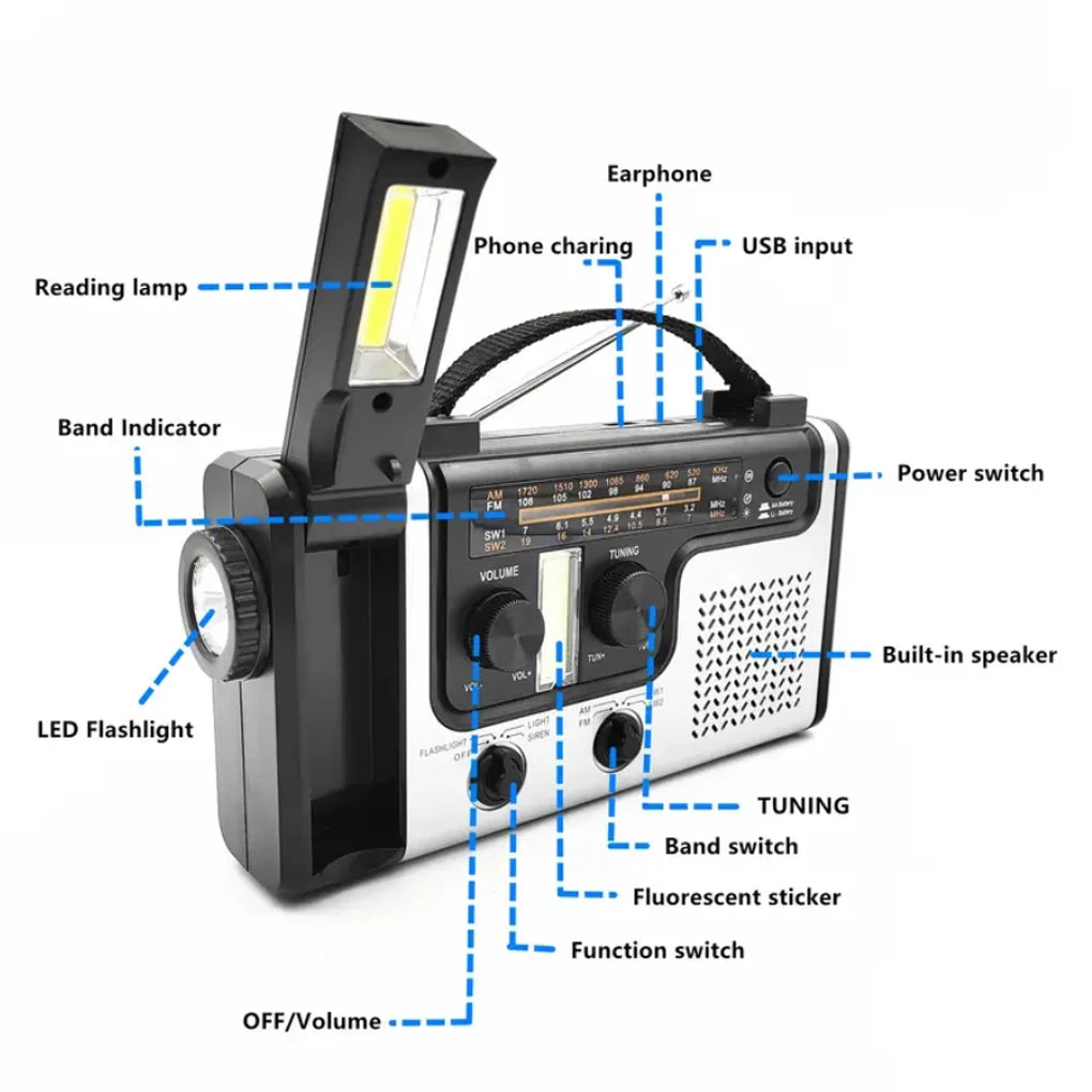 Portable Emergency Solar Power Radio Hand Crank Charging Radio AM FM SW1 SW2 Multi-band Radio with Flashlight Phone Power Bank