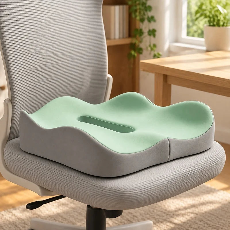 Comfortable 3D Memory Foam Cushion with Washable Polyester Case for Office and Vehicle Seating, Light Green/Grey