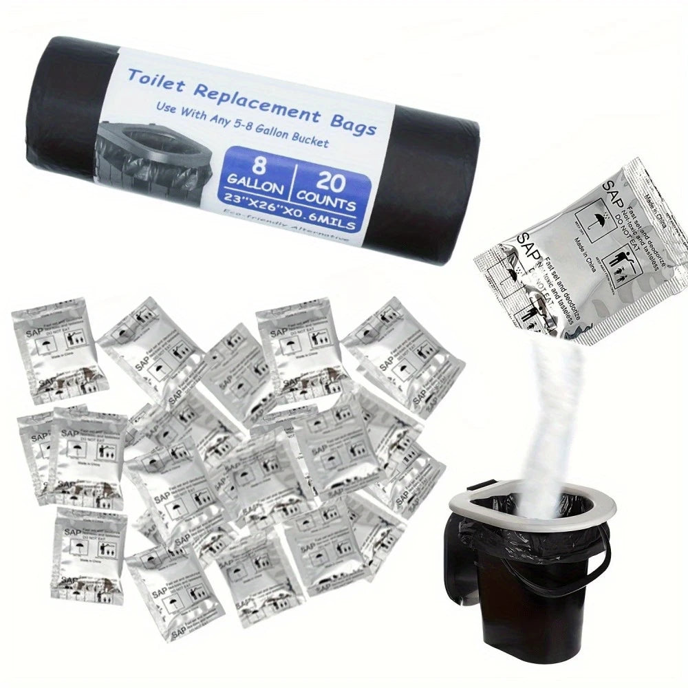 30 Toilet Gel Packs and 20 Garbage Bags - Odorless and Non-Toxic, Suitable for Camping Toilets and Sanitary Garbage Containers