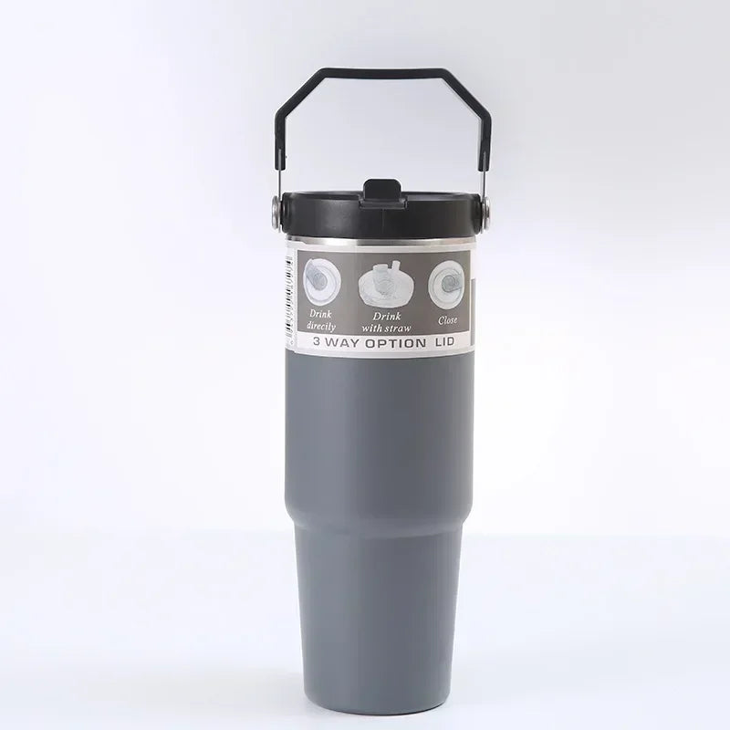 30oz Large Capacity Portable Car Cup Stainless Steel Thermos Cup with Straw & Handle Travel Sports Water / Juice / Drink Bottle Vacuum Flask