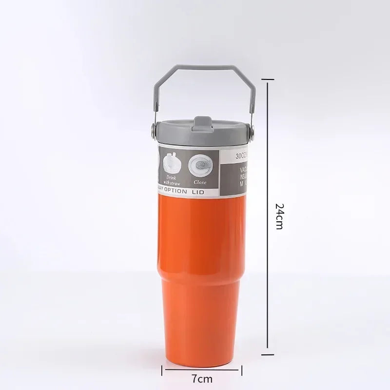30oz Large Capacity Portable Car Cup Stainless Steel Thermos Cup with Straw & Handle Travel Sports Water / Juice / Drink Bottle Vacuum Flask