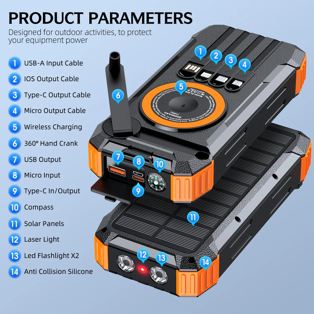 2026 NEW Solar Power Bank 80000mAh 22.5W Magnetic Charger Wireless Powerbank Hand Crank with Cable Portable Charger for Long Distance Travel, Hikes, Vacation, Outdoor Camping