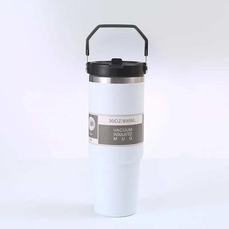 30oz Large Capacity Portable Car Cup Stainless Steel Thermos Cup with Straw & Handle Travel Sports Water / Juice / Drink Bottle Vacuum Flask