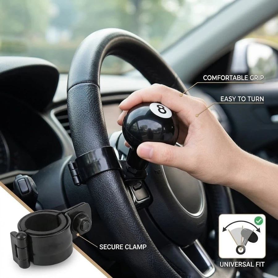 Black 8 Ball Steering Wheel Spinner Knob Universal For Car or Semi Truck Tractor Grip Booster Turning Handle Accessory