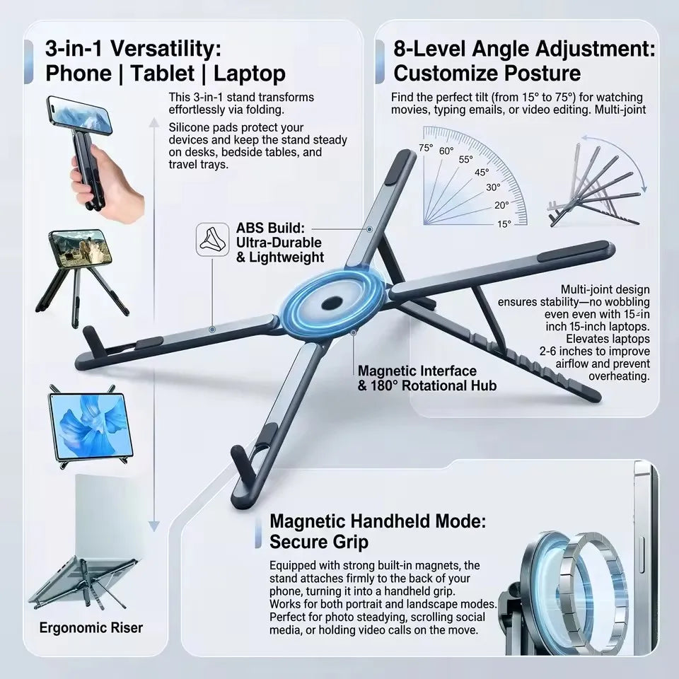 3 in 1 Foldable Magnetic Phone Holder Selfie Stick, Tripod Stand for iPhone, Samsung, iPad, Tablet, or Laptop on Desktop Portable Use