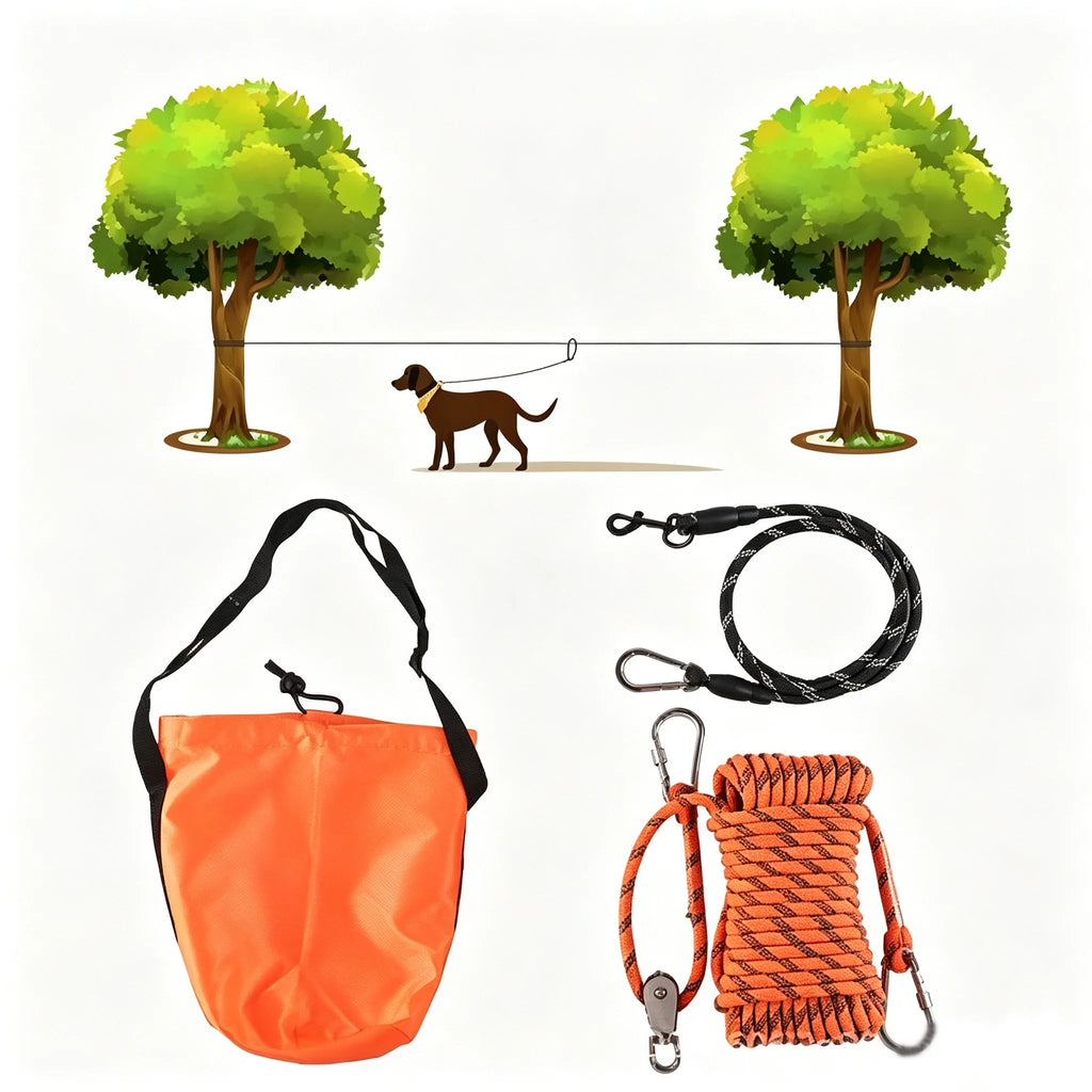Portable Dog Trolley Cable Heavy Duty Dog Tie Out Overhead System Outdoor Camping Running Lead with Carry Bag for Large Dogs