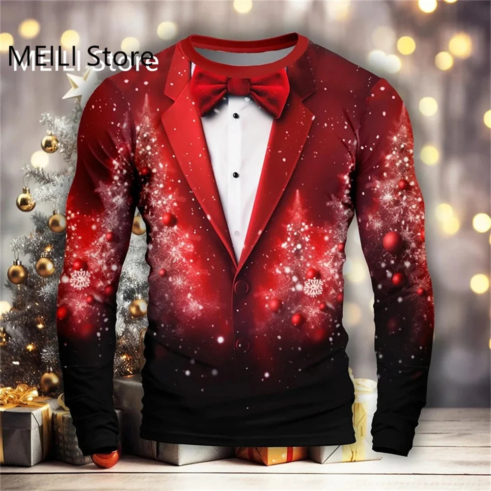 Christmas Pattern Suit 3D Print T-Shirt Long Sleeve Men or Women Tops Casual O-Neck Tee Shirts Male Christmas Clothes
