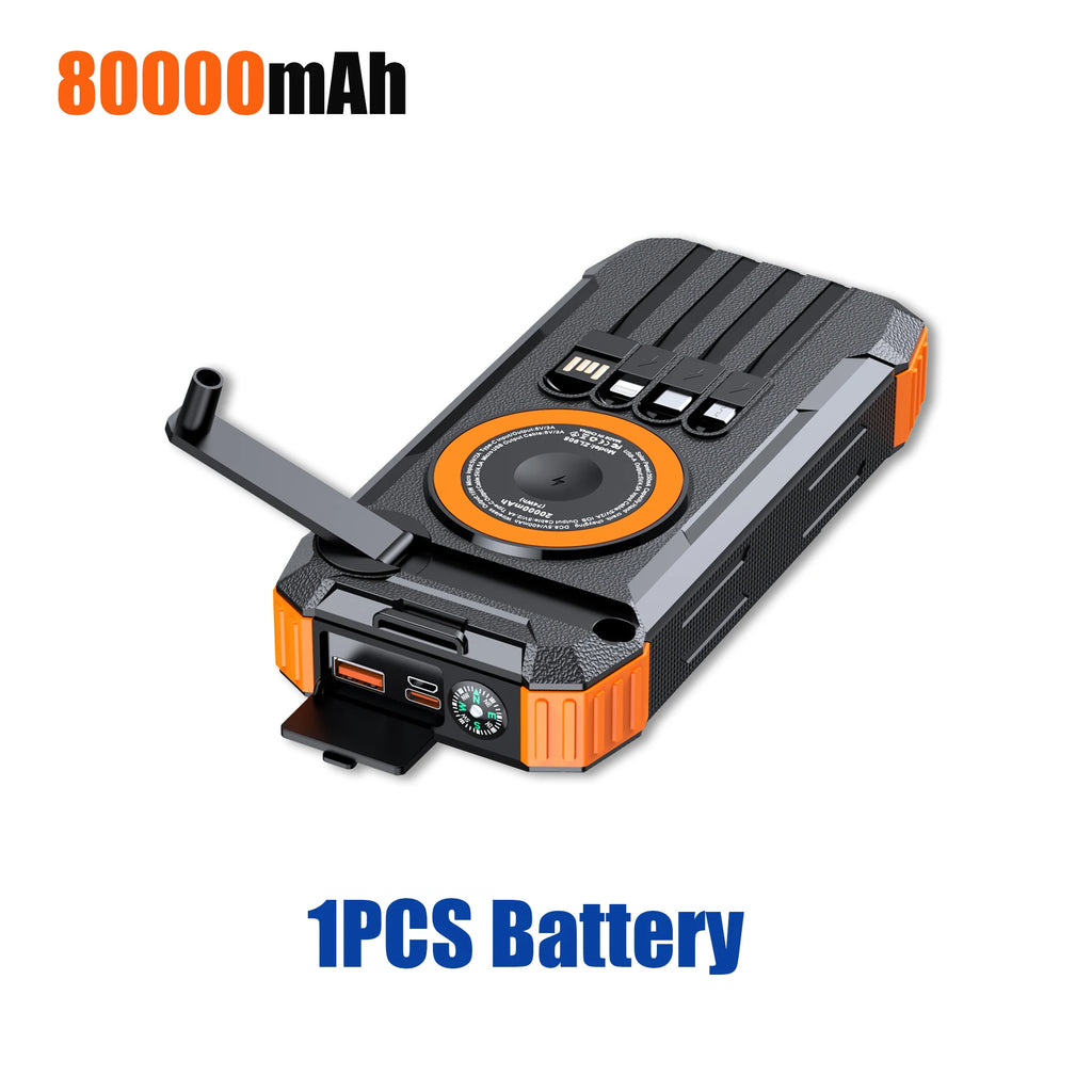 2026 NEW Solar Power Bank 80000mAh 22.5W Magnetic Charger Wireless Powerbank Hand Crank with Cable Portable Charger for Long Distance Travel, Hikes, Vacation, Outdoor Camping