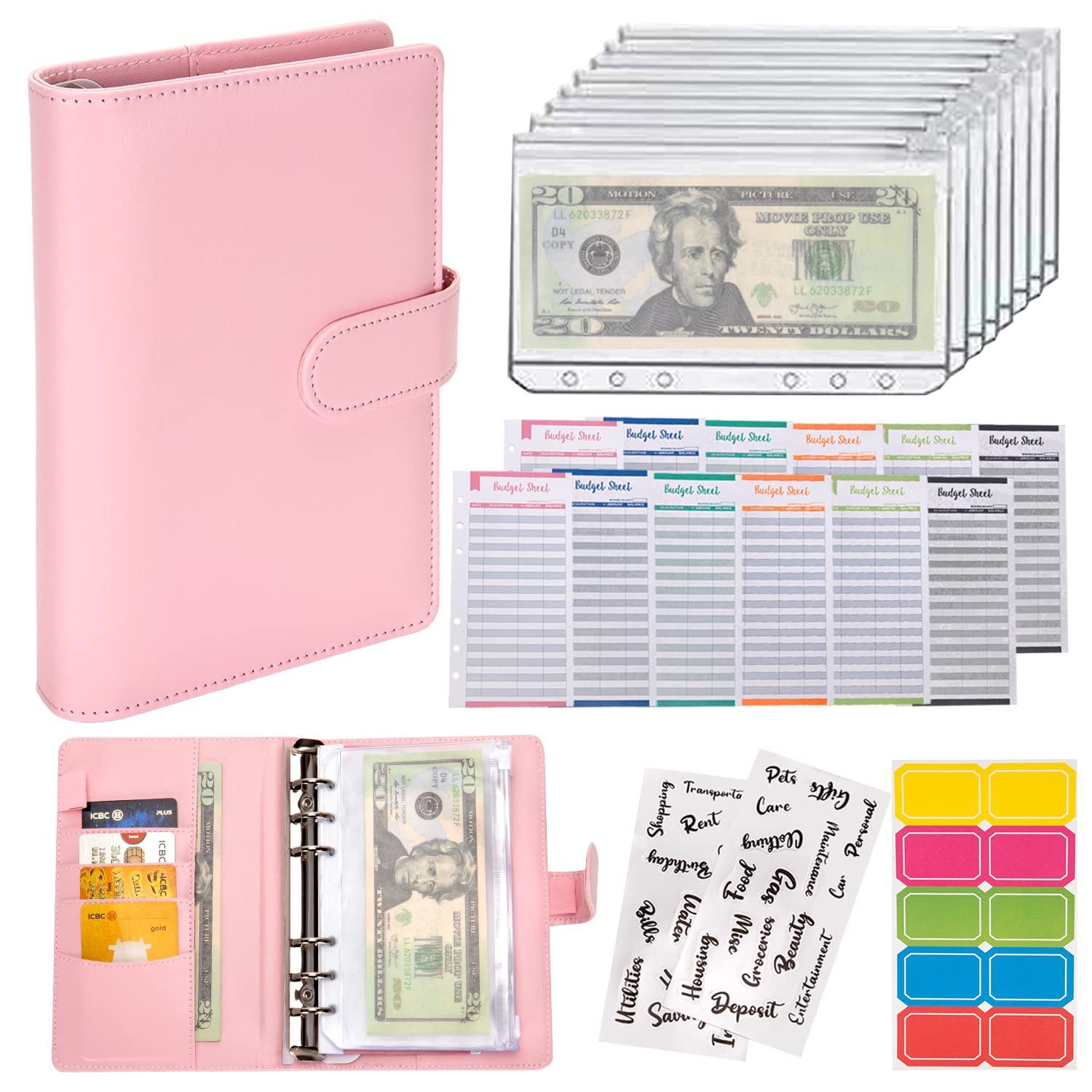 Loose-leaf Vegan Material Leather Budget Organizer With Zipper Wallet Bill Storage Bag Notebook
