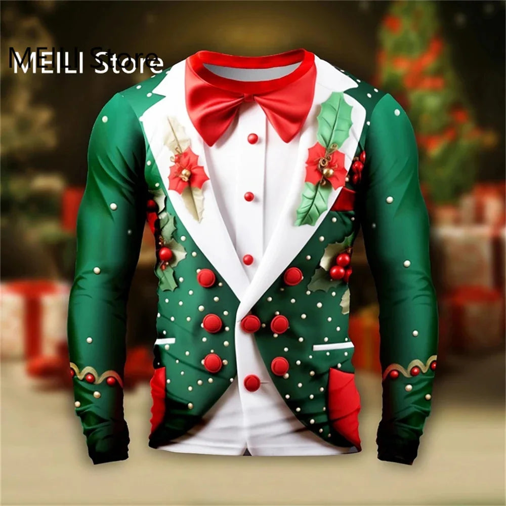 Christmas Pattern Suit 3D Print T-Shirt Long Sleeve Men or Women Tops Casual O-Neck Tee Shirts Male Christmas Clothes
