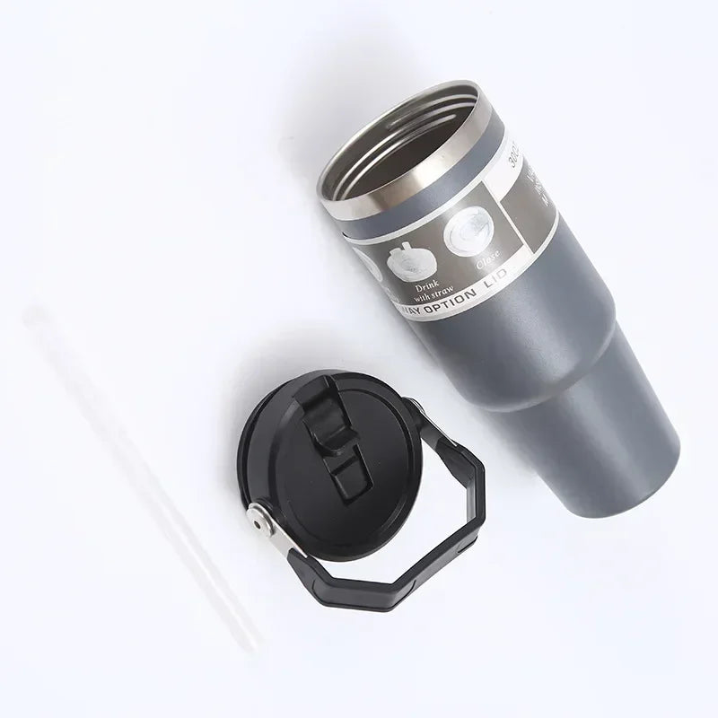 30oz Large Capacity Portable Car Cup Stainless Steel Thermos Cup with Straw & Handle Travel Sports Water / Juice / Drink Bottle Vacuum Flask