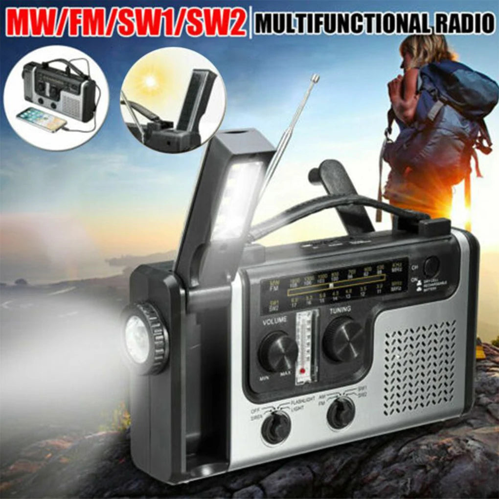 Portable Emergency Solar Power Radio Hand Crank Charging Radio AM FM SW1 SW2 Multi-band Radio with Flashlight Phone Power Bank