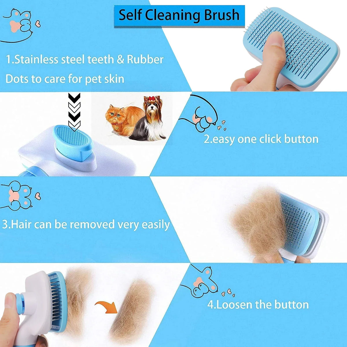 Animal Hair Remover Brush Cat / Dog/ Guinea Pig/ Rabbit Hair Grooming and Care Comb for Long Hair Fur Buddies Pet Removes Hairs Cleaning Bath Brush Pet Supplies