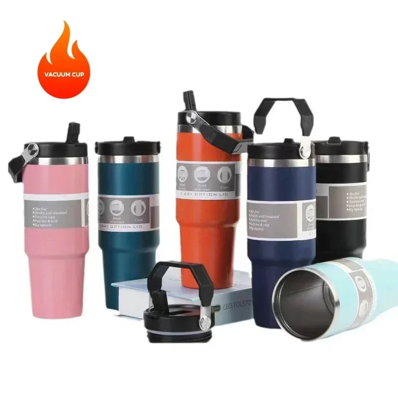 30oz Large Capacity Portable Car Cup Stainless Steel Thermos Cup with Straw & Handle Travel Sports Water / Juice / Drink Bottle Vacuum Flask