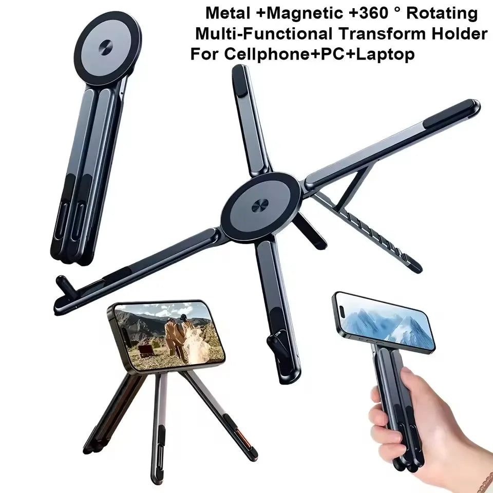 3 in 1 Foldable Magnetic Phone Holder Selfie Stick, Tripod Stand for iPhone, Samsung, iPad, Tablet, or Laptop on Desktop Portable Use