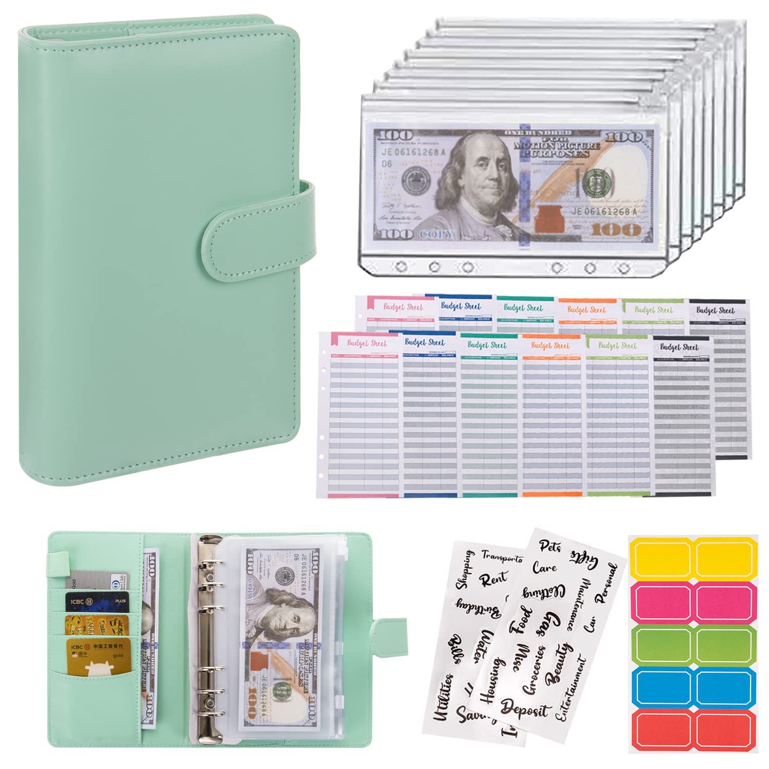 Loose-leaf Vegan Material Leather Budget Organizer With Zipper Wallet Bill Storage Bag Notebook