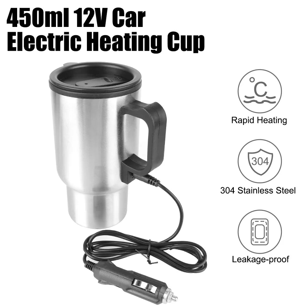 Vehicle Heating Cup Camping Travel Kettle Stainless Steel 12V 450ml Electric Heating Car Kettle Water Coffee Milk Thermal Mug
