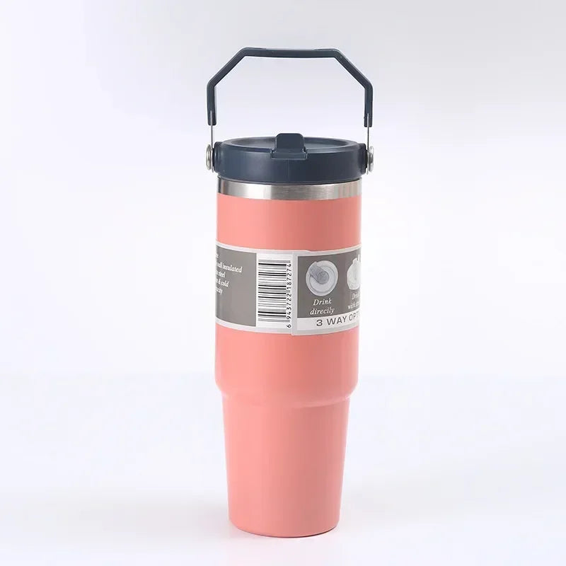 30oz Large Capacity Portable Car Cup Stainless Steel Thermos Cup with Straw & Handle Travel Sports Water / Juice / Drink Bottle Vacuum Flask