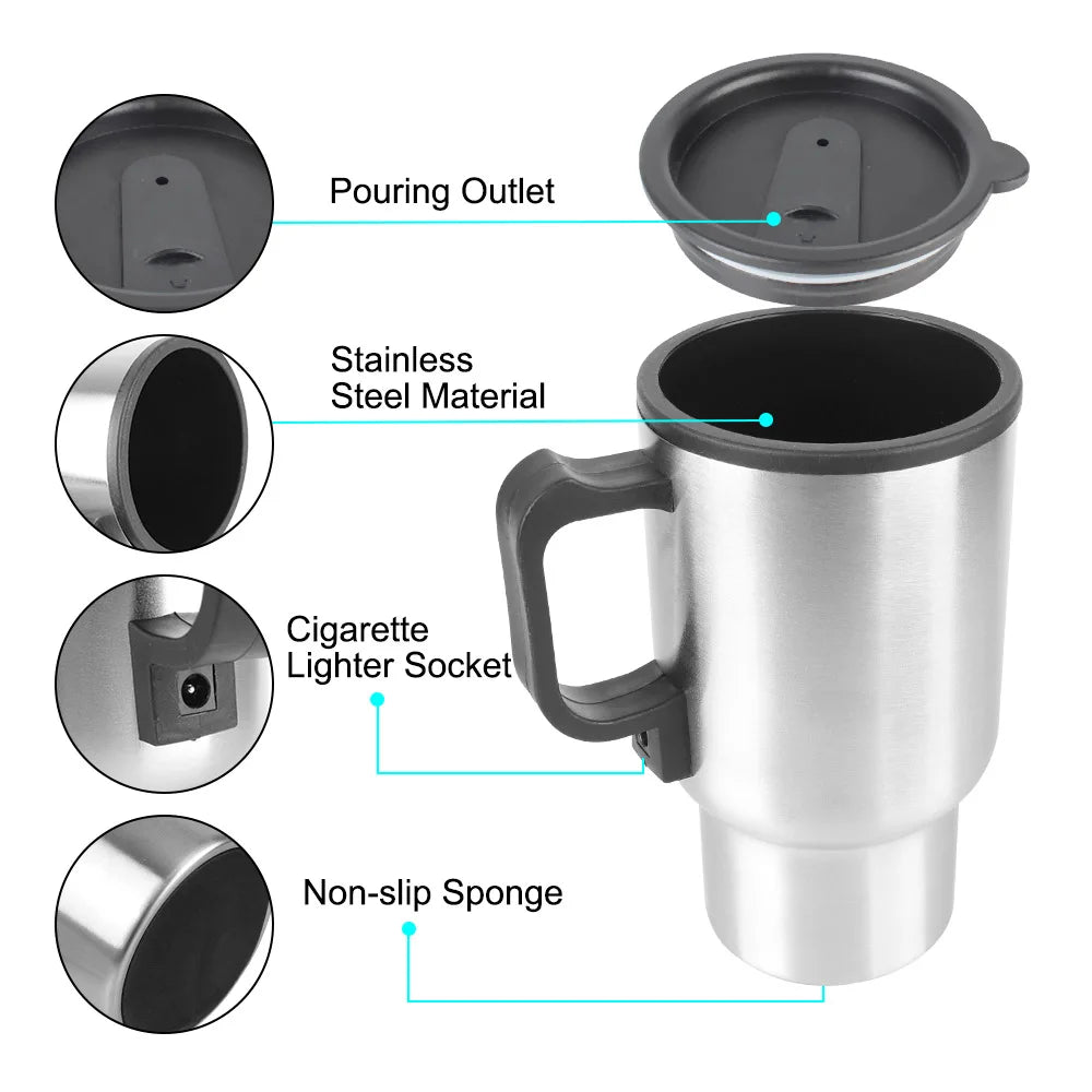 Vehicle Heating Cup Camping Travel Kettle Stainless Steel 12V 450ml Electric Heating Car Kettle Water Coffee Milk Thermal Mug