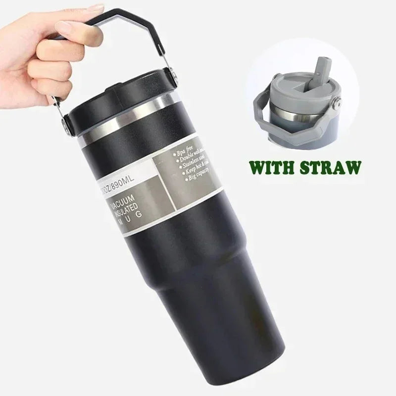30oz Large Capacity Portable Car Cup Stainless Steel Thermos Cup with Straw & Handle Travel Sports Water / Juice / Drink Bottle Vacuum Flask