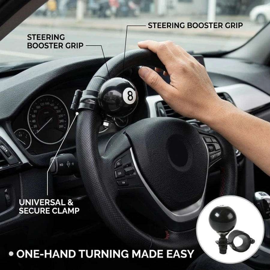 Black 8 Ball Steering Wheel Spinner Knob Universal For Car or Semi Truck Tractor Grip Booster Turning Handle Accessory