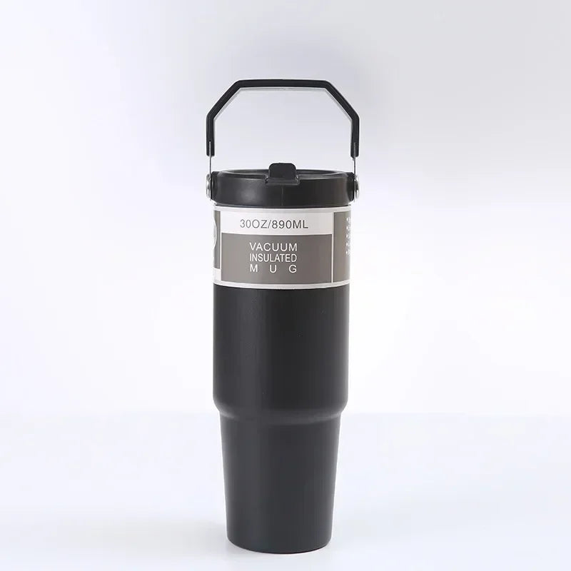 30oz Large Capacity Portable Car Cup Stainless Steel Thermos Cup with Straw & Handle Travel Sports Water / Juice / Drink Bottle Vacuum Flask