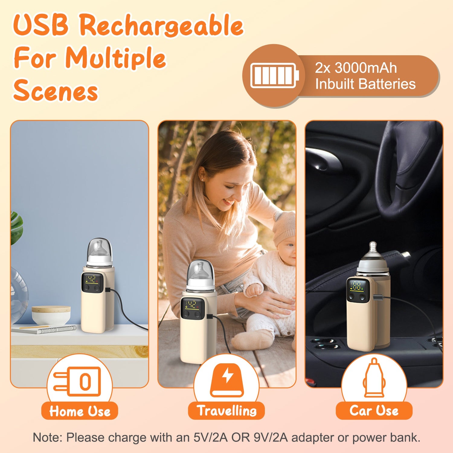 1Pc Portable Bottle Warmer With Night Light On The Go Coffee Mug, Canteen or Baby Bottle Milk Warmer Chargeable for Travel With 6 Heating Levels