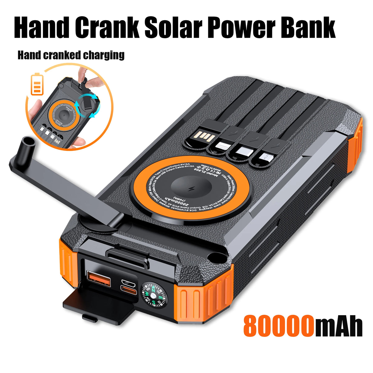 2026 NEW Solar Power Bank 80000mAh 22.5W Magnetic Charger Wireless Powerbank Hand Crank with Cable Portable Charger for Long Distance Travel, Hikes, Vacation, Outdoor Camping