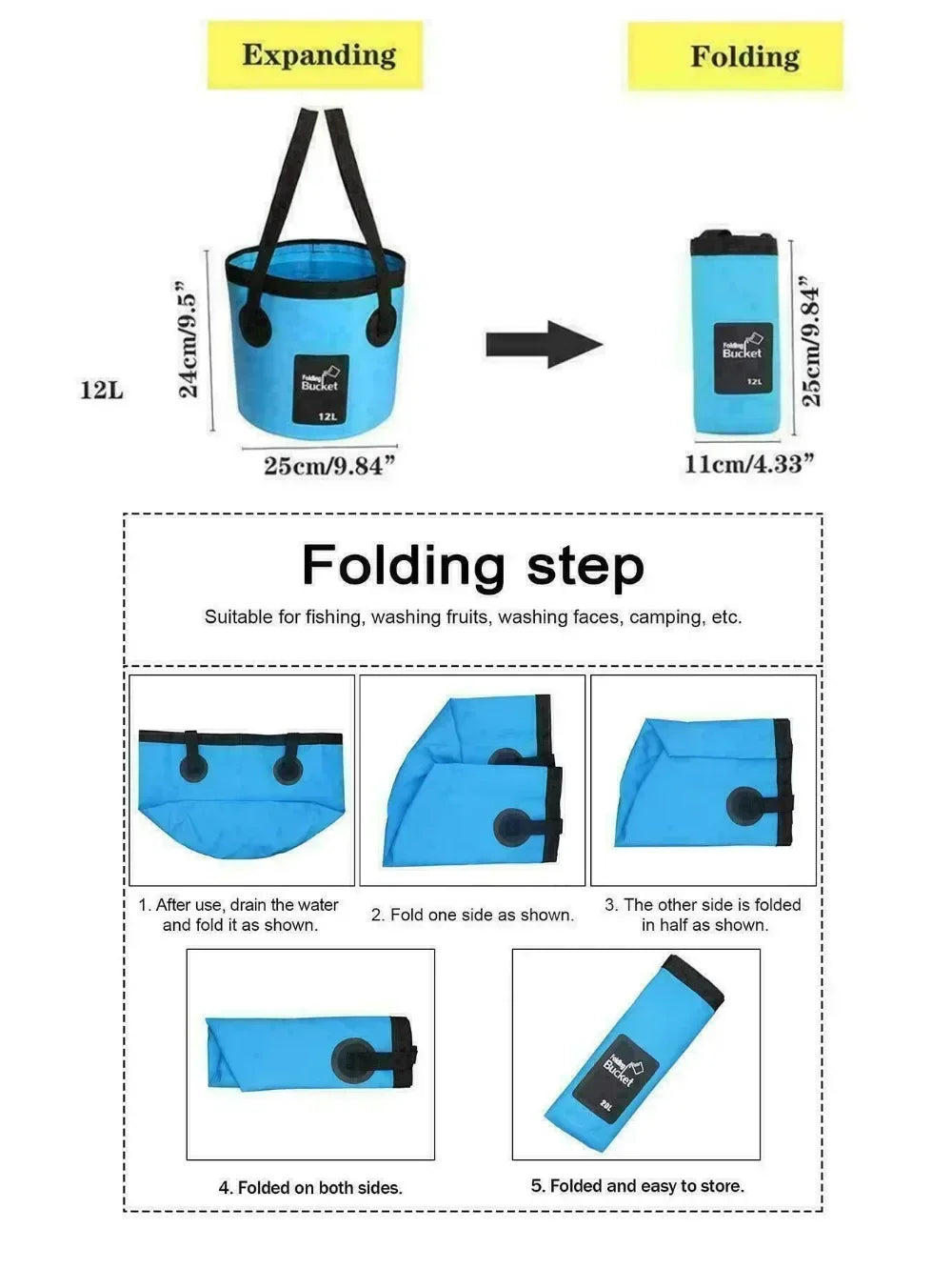 Foldable Large-Capacity Waterproof Bucket Portable Folding Bucket Carrier Bags for Fishing Camping 20L/12 Liters = 5 Gallons, 3 Gallons