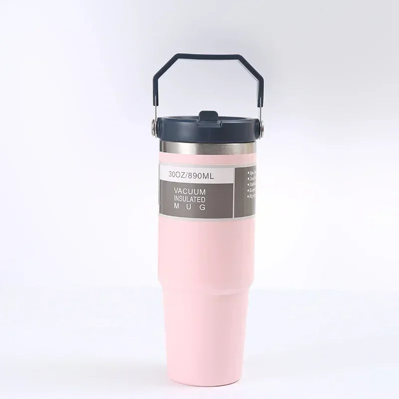 30oz Large Capacity Portable Car Cup Stainless Steel Thermos Cup with Straw & Handle Travel Sports Water / Juice / Drink Bottle Vacuum Flask