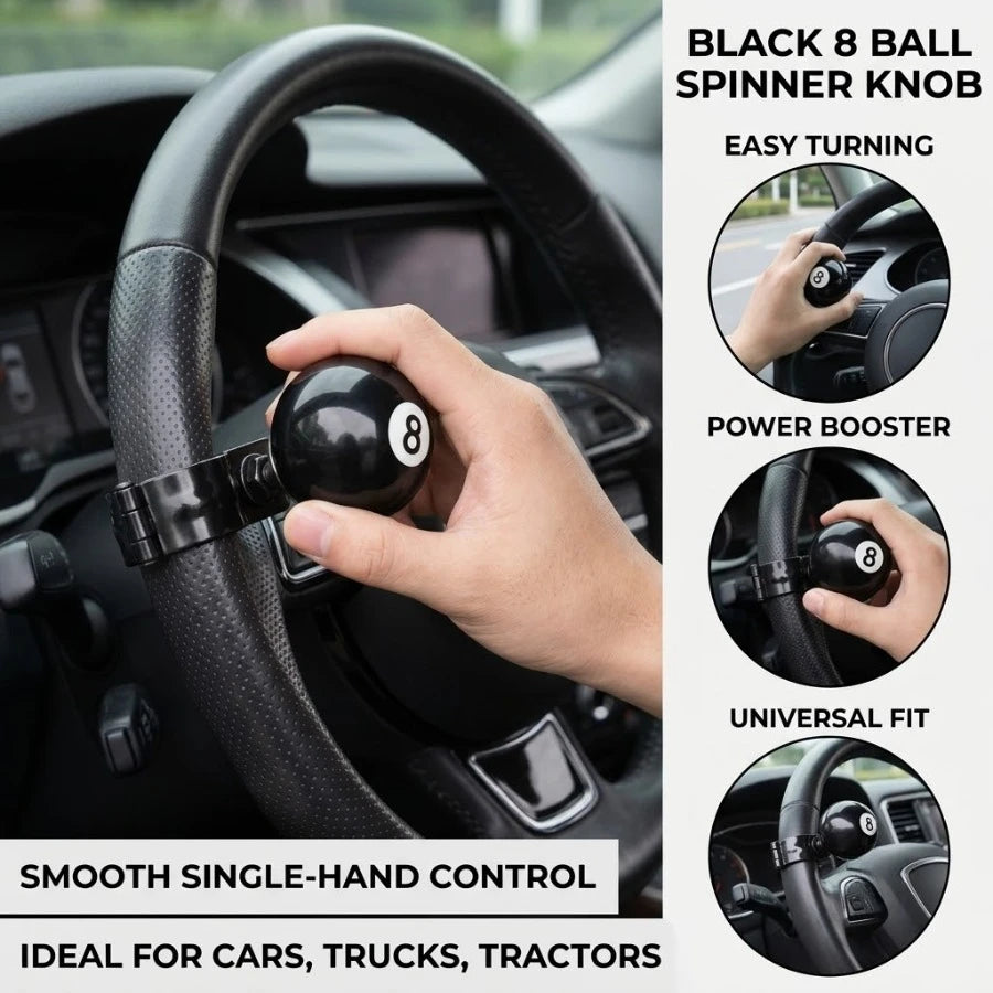 Black 8 Ball Steering Wheel Spinner Knob Universal For Car or Semi Truck Tractor Grip Booster Turning Handle Accessory