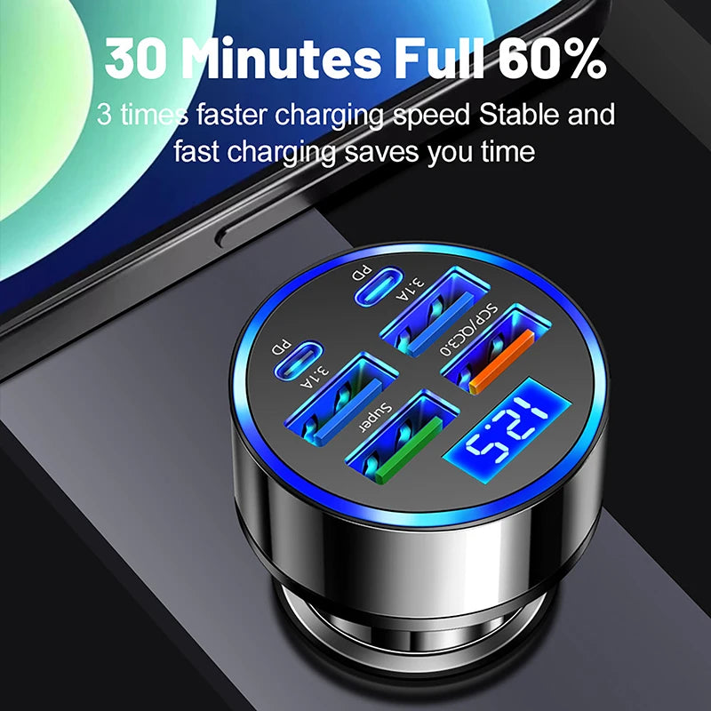 Multi-port Car Charger with digital display 100W 6-Ports USB Type-C Car Charger With Voltage Display Fast Charging Power Adapter For Android, Smart Phone, Tablet, Laptop