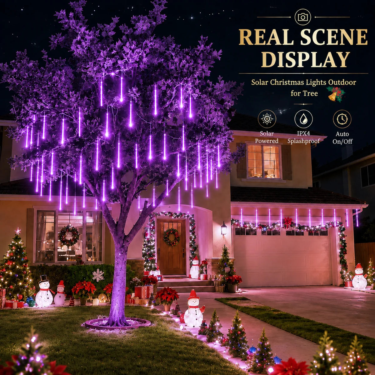 Solar Meteor Shower Lights Outdoor 8 Tubes LED Falling Rain Icicle Lights 8 Modes Auto On for Garden Tree Patio Christmas Decor