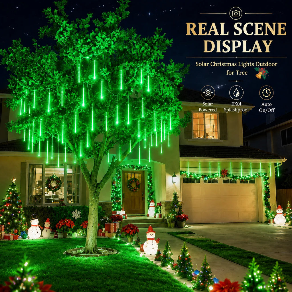 Solar Meteor Shower Lights Outdoor 8 Tubes LED Falling Rain Icicle Lights 8 Modes Auto On for Garden Tree Patio Christmas Decor