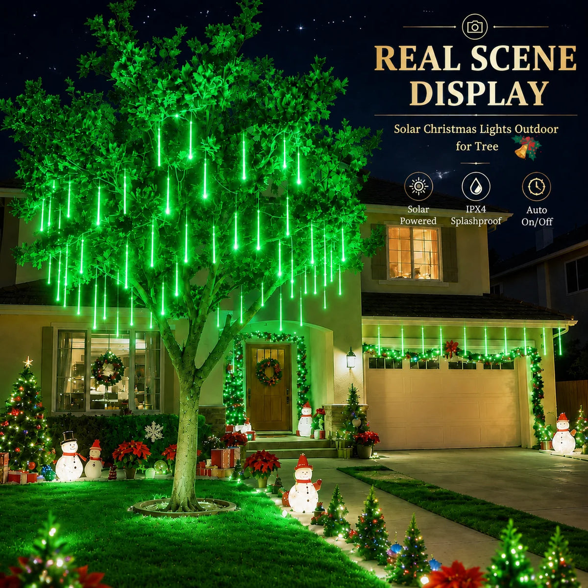 Solar Meteor Shower Lights Outdoor 8 Tubes LED Falling Rain Icicle Lights 8 Modes Auto On for Garden Tree Patio Christmas Decor