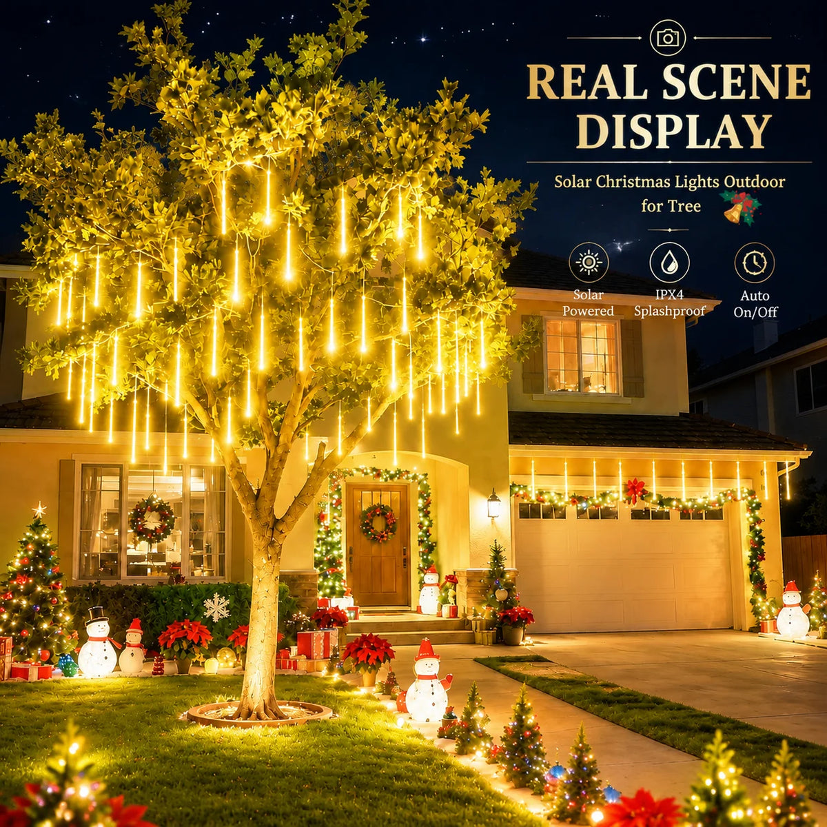Solar Meteor Shower Lights Outdoor 8 Tubes LED Falling Rain Icicle Lights 8 Modes Auto On for Garden Tree Patio Christmas Decor