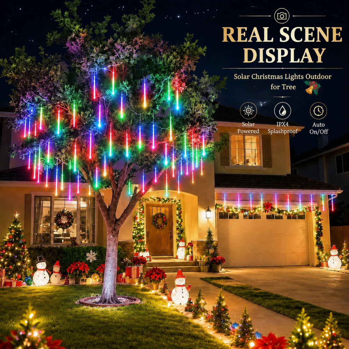 Solar Meteor Shower Lights Outdoor 8 Tubes LED Falling Rain Icicle Lights 8 Modes Auto On for Garden Tree Patio Christmas Decor