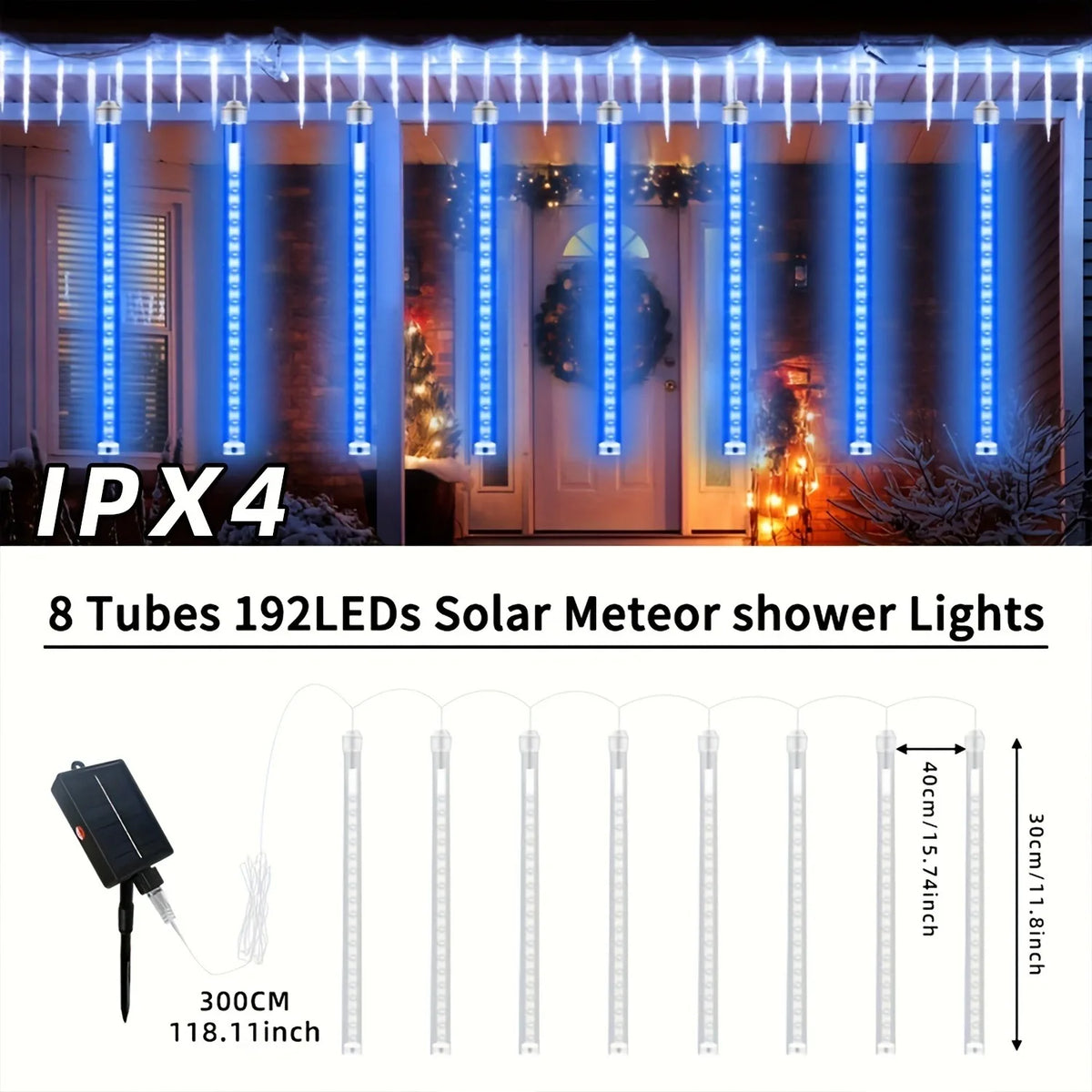 Solar Meteor Shower Lights Outdoor 8 Tubes LED Falling Rain Icicle Lights 8 Modes Auto On for Garden Tree Patio Christmas Decor