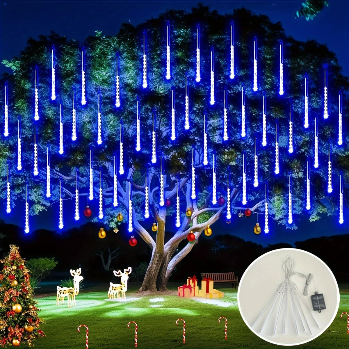 Solar Meteor Shower Lights Outdoor 8 Tubes LED Falling Rain Icicle Lights 8 Modes Auto On for Garden Tree Patio Christmas Decor