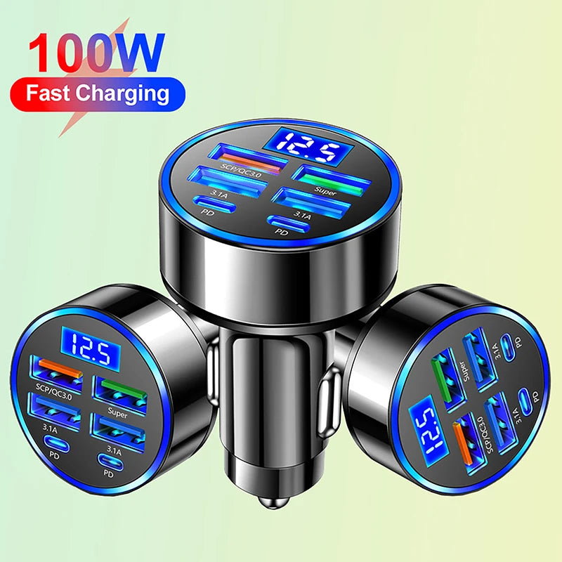 Multi-port Car Charger with digital display 100W 6-Ports USB Type-C Car Charger With Voltage Display Fast Charging Power Adapter For Android, Smart Phone, Tablet, Laptop