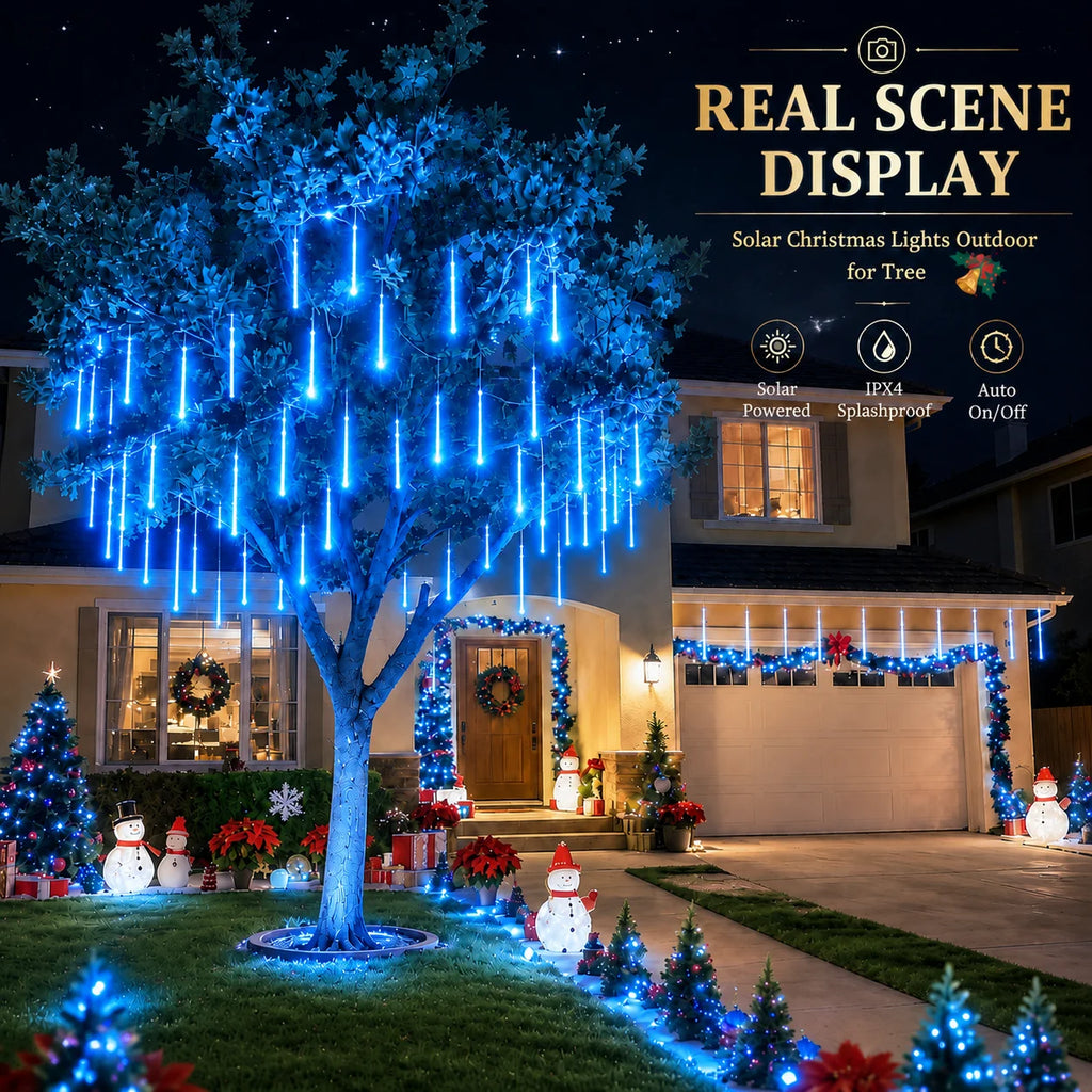 Solar Meteor Shower Lights Outdoor 8 Tubes LED Falling Rain Icicle Lights 8 Modes Auto On for Garden Tree Patio Christmas Decor