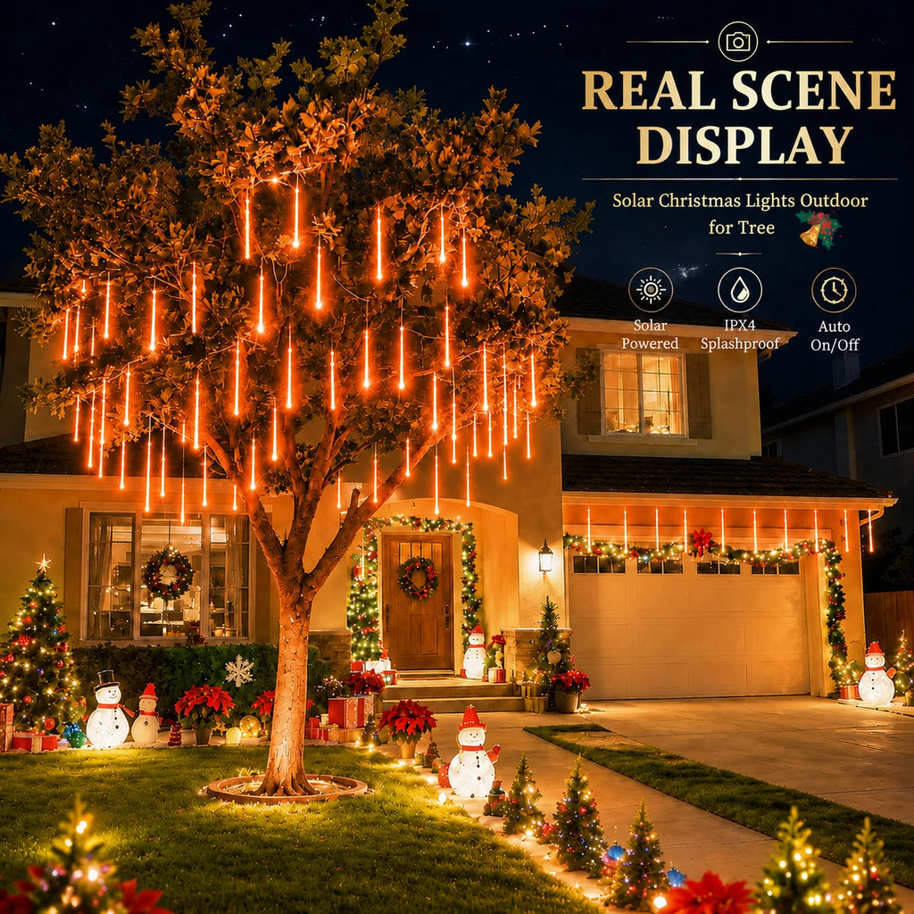 Solar Meteor Shower Lights Outdoor 8 Tubes LED Falling Rain Icicle Lights 8 Modes Auto On for Garden Tree Patio Christmas Decor